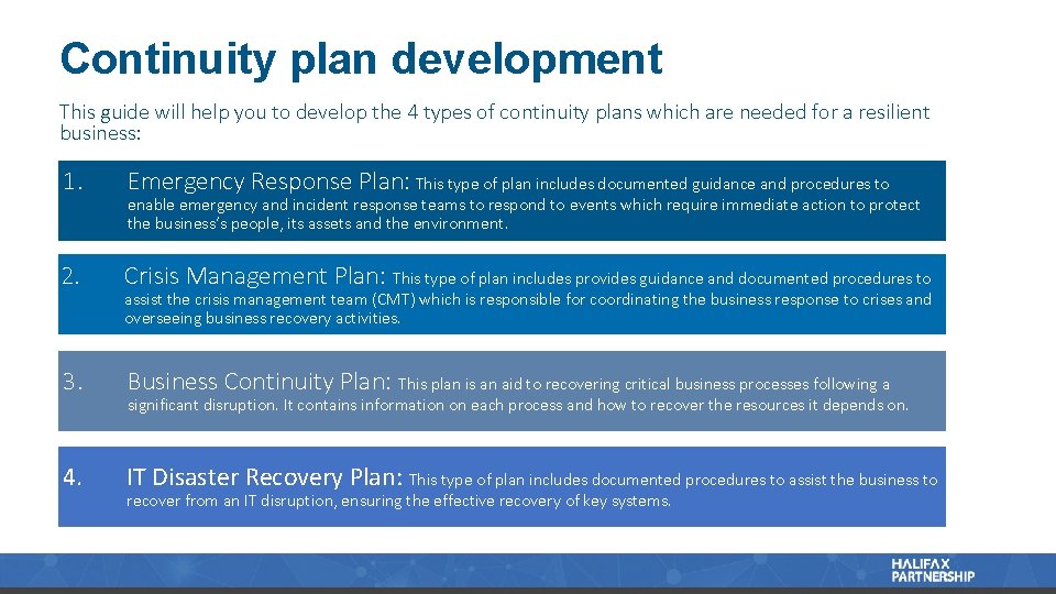 Continuity plan development This guide will help you to develop the 4 types of