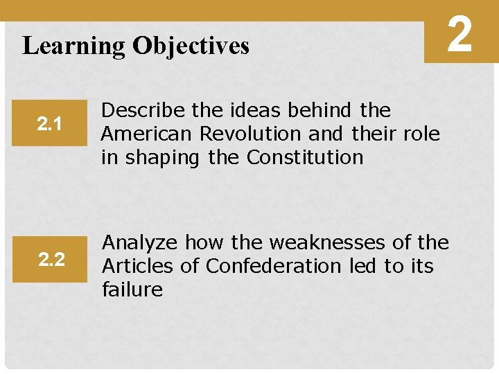 Learning Objectives 2 2. 1 Describe the ideas behind the American Revolution and their