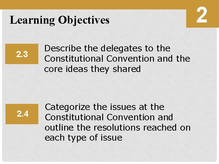 Learning Objectives 2. 3 2. 4 Describe the delegates to the Constitutional Convention and