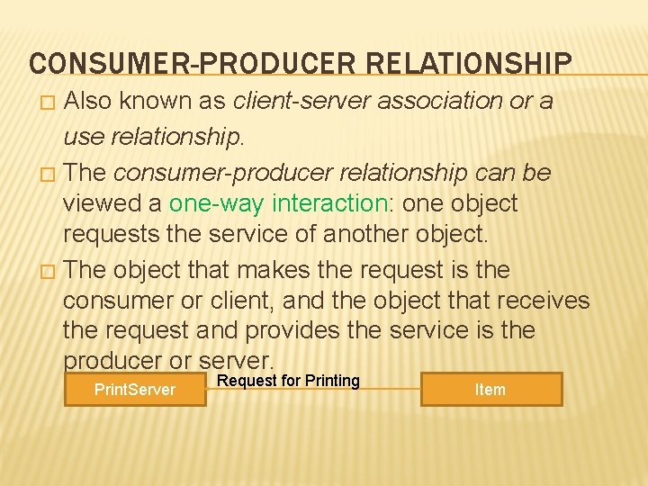 CONSUMER-PRODUCER RELATIONSHIP Also known as client-server association or a use relationship. � The consumer-producer