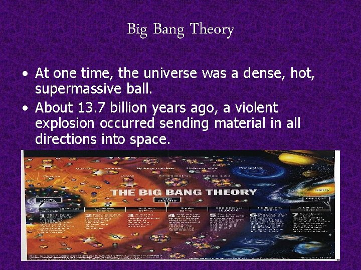 Big Bang Theory • At one time, the universe was a dense, hot, supermassive