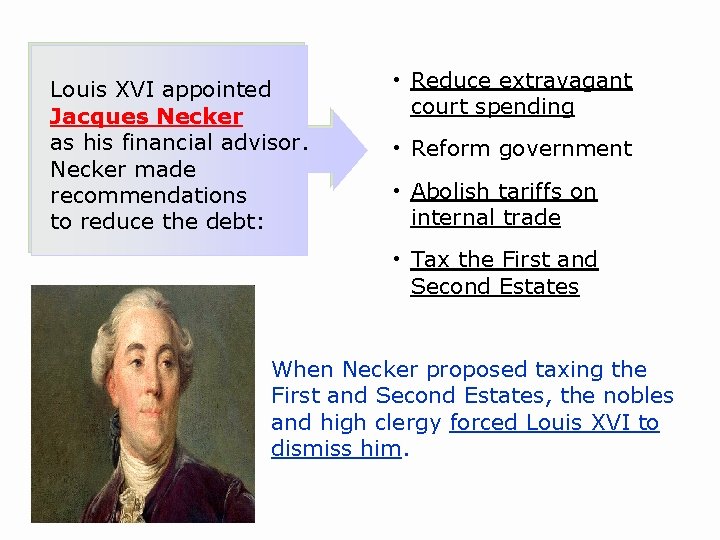 Louis XVI appointed Jacques Necker as his financial advisor. Necker made recommendations to reduce