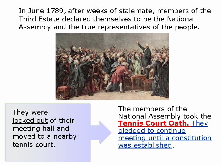 In June 1789, after weeks of stalemate, members of the Third Estate declared themselves