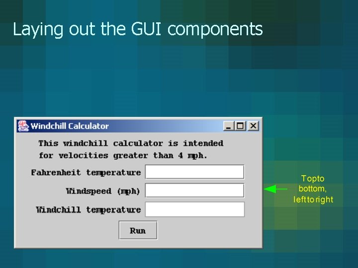 Laying out the GUI components Laying out the GUI components