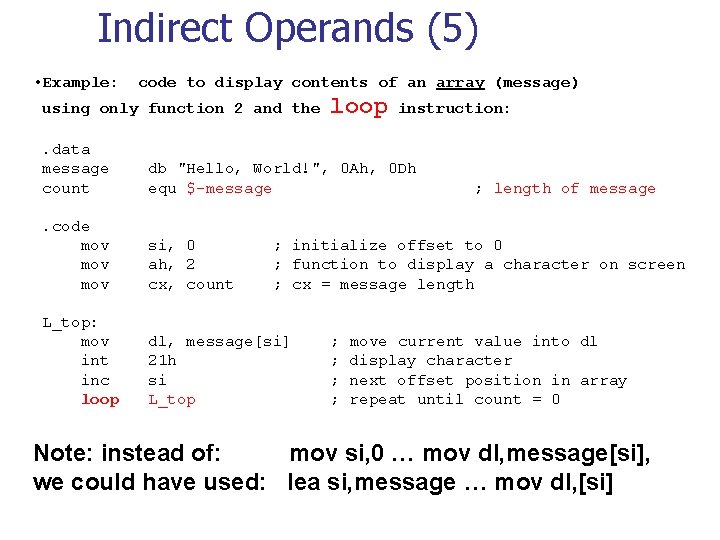 Indirect Operands (5) • Example: code to display contents of an array (message) using