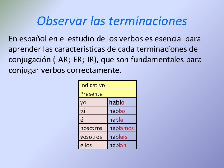 Observar las terminaciones En español en el estudio de los verbos es esencial para