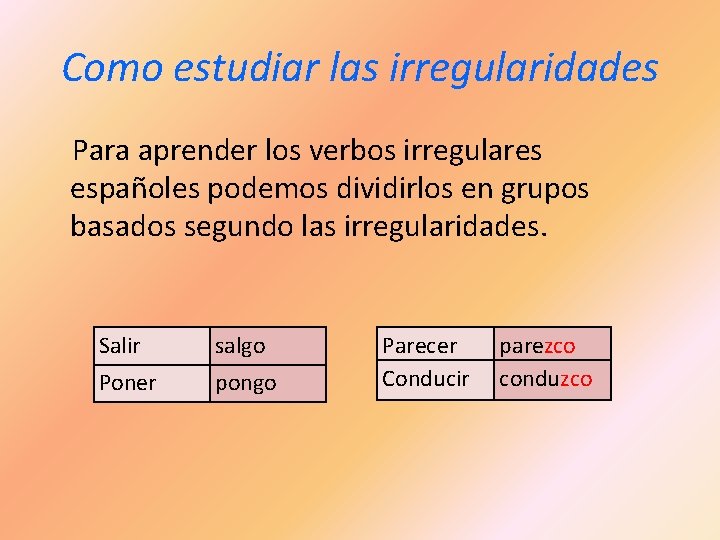 Como estudiar las irregularidades Para aprender los verbos irregulares españoles podemos dividirlos en grupos
