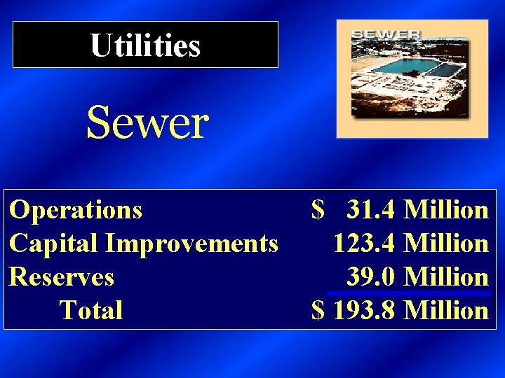 Utilities Sewer Operations Capital Improvements Reserves Total $ 31. 4 Million 123. 4 Million