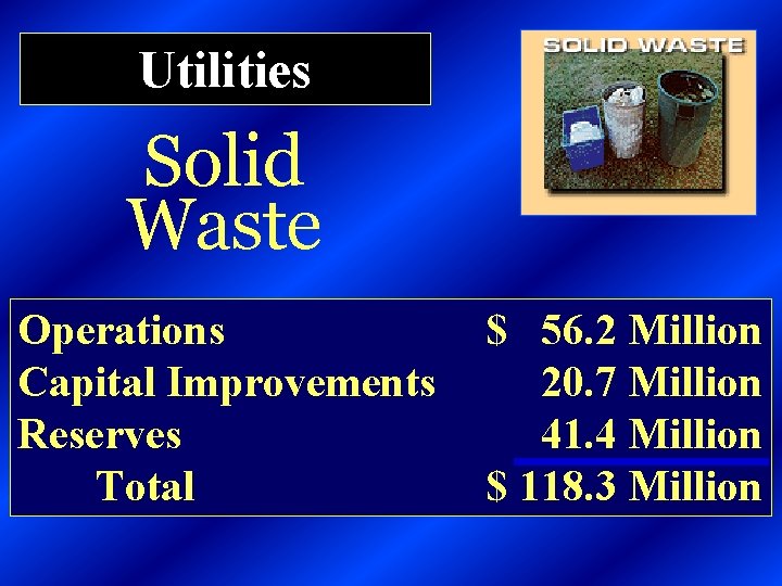 Utilities Solid Waste Operations Capital Improvements Reserves Total $ 56. 2 Million 20. 7