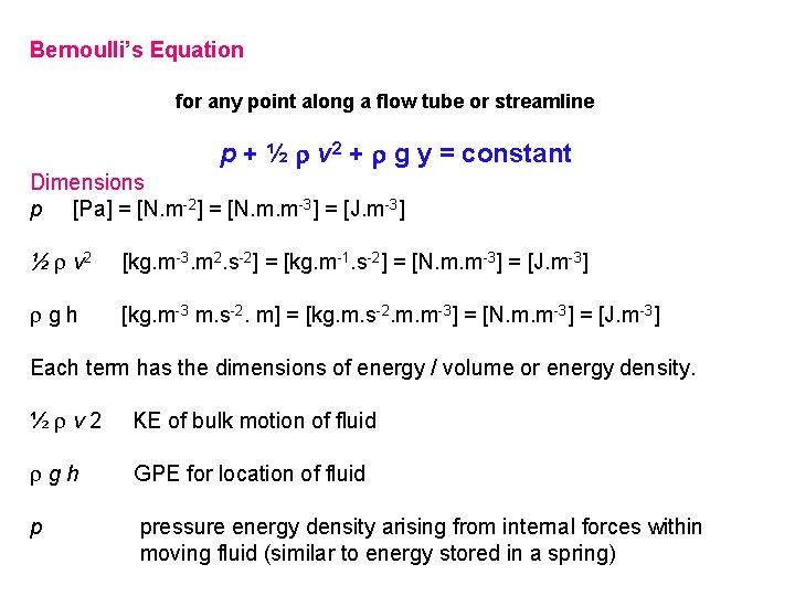 Bernoulli’s Equation for any point along a flow tube or streamline p + ½