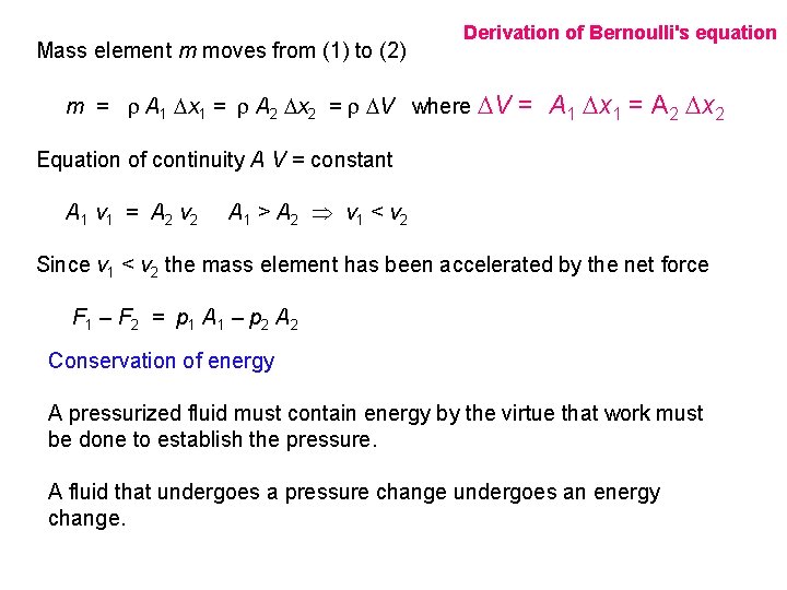 Mass element m moves from (1) to (2) Derivation of Bernoulli's equation m =