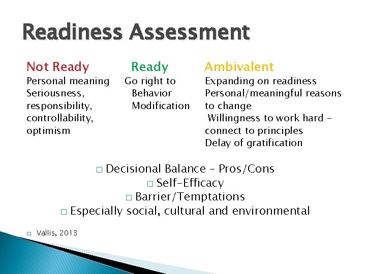 Readiness Assessment Not Ready Personal meaning Seriousness, responsibility, controllability, optimism Ready Go right to Readiness Assessment Not Ready Personal meaning Seriousness, responsibility, controllability, optimism Ready Go right to