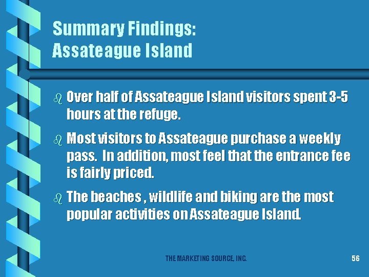 Summary Findings: Assateague Island b Over half of Assateague Island visitors spent 3 -5