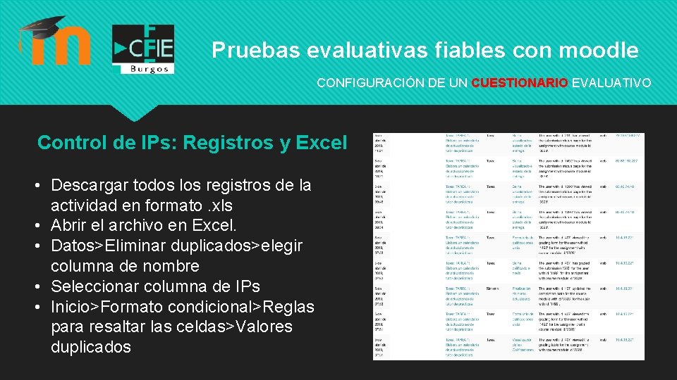 Pruebas evaluativas fiables con moodle CONFIGURACIÓN DE UN CUESTIONARIO EVALUATIVO Control de IPs: Registros