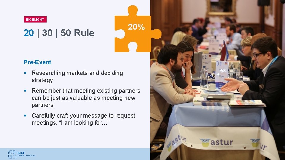 HIGHLIGHT 20 | 30 | 50 Rule 20% Pre-Event § Researching markets and deciding