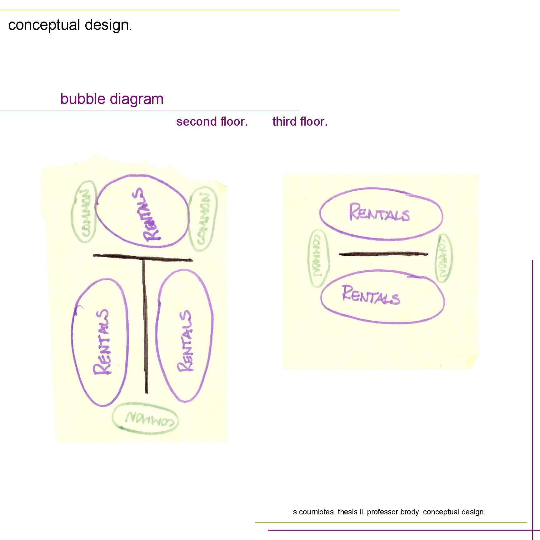conceptual design. bubble diagram second floor. third floor. s. courniotes. thesis ii. professor brody.