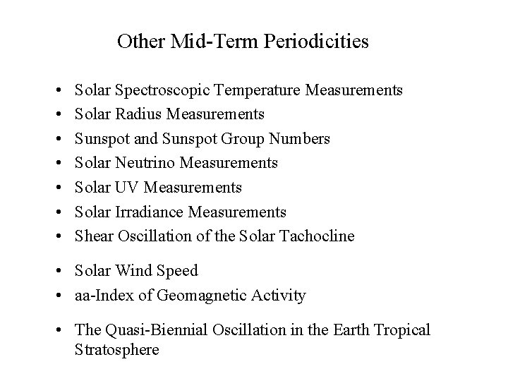 Other Mid-Term Periodicities • • Solar Spectroscopic Temperature Measurements Solar Radius Measurements Sunspot and