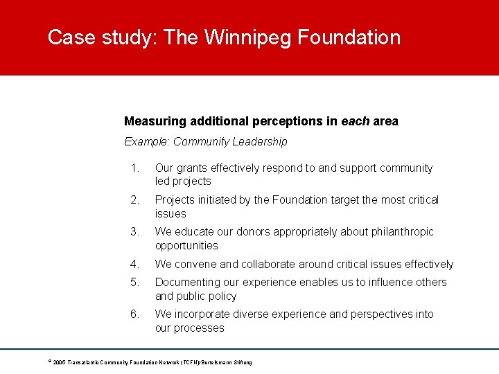 Case study: The Winnipeg Foundation Measuring additional perceptions in each area Example: Community Leadership