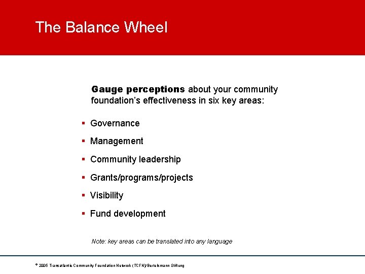 The Balance Wheel Gauge perceptions about your community foundation’s effectiveness in six key areas: