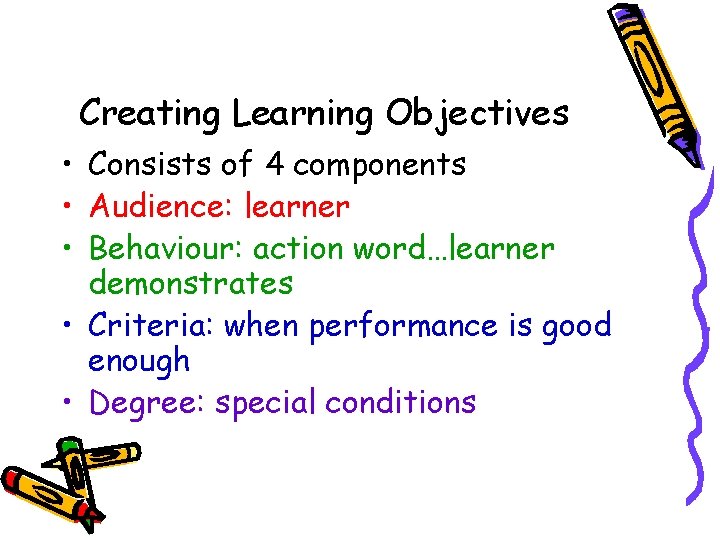Creating Learning Objectives • Consists of 4 components • Audience: learner • Behaviour: action Creating Learning Objectives • Consists of 4 components • Audience: learner • Behaviour: action