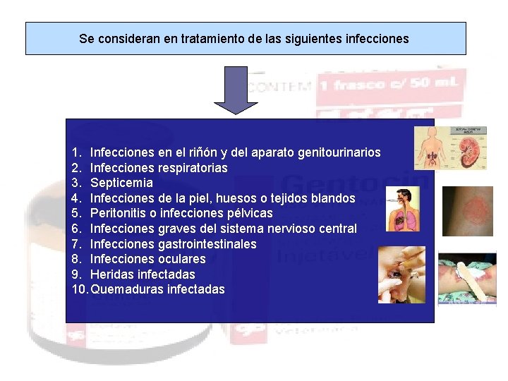 Se consideran en tratamiento de las siguientes infecciones 1. Infecciones en el riñón y