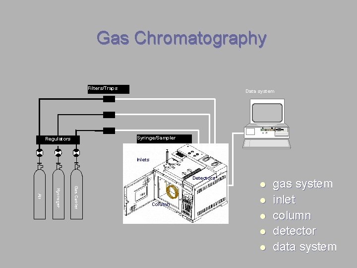Gas Chromatography Filters/Traps Data system H RESET Syringe/Sampler Regulators Inlets Detectors Gas Carrier Hydrogen