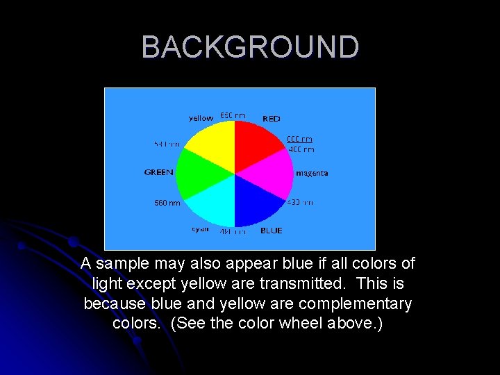 BACKGROUND A sample may also appear blue if all colors of light except yellow