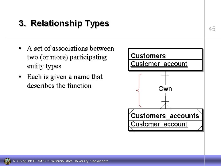 3. Relationship Types • A set of associations between two (or more) participating entity