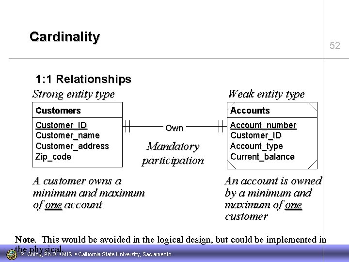 Cardinality 52 1: 1 Relationships Strong entity type Weak entity type Customers Customer_ID Customer_name