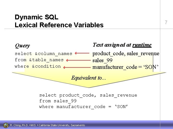 Dynamic SQL Lexical Reference Variables Query select &column_names from &table_names where &condition Text assigned