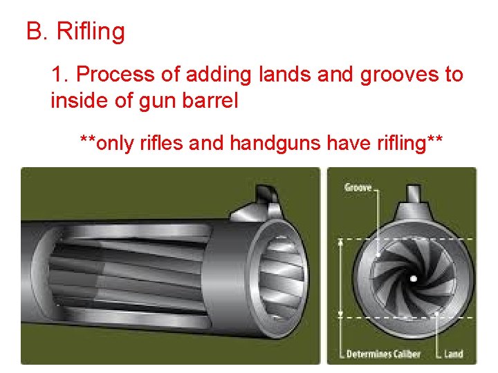 B. Rifling 1. Process of adding lands and grooves to inside of gun barrel