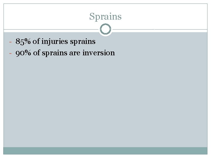 Sprains - 85% of injuries sprains - 90% of sprains are inversion 