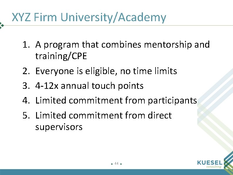 XYZ Firm University/Academy 1. A program that combines mentorship and training/CPE 2. Everyone is