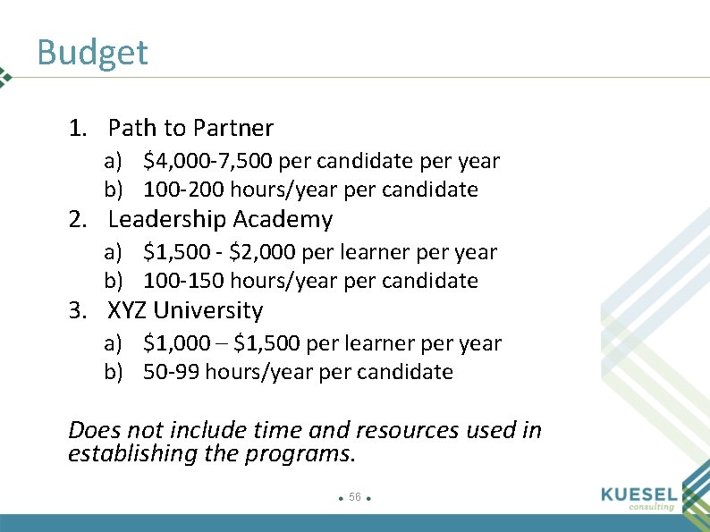 Budget 1. Path to Partner a) $4, 000 -7, 500 per candidate per year