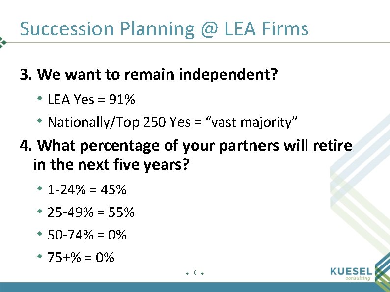 Succession Planning @ LEA Firms 3. We want to remain independent? LEA Yes =