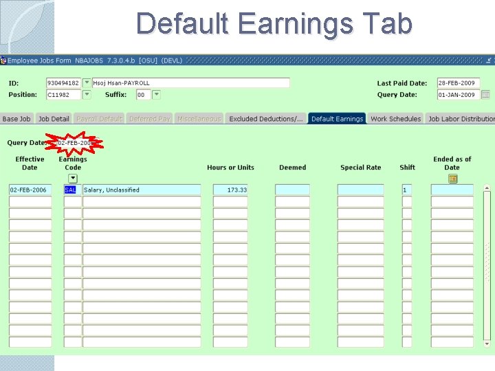 Default Earnings Tab 