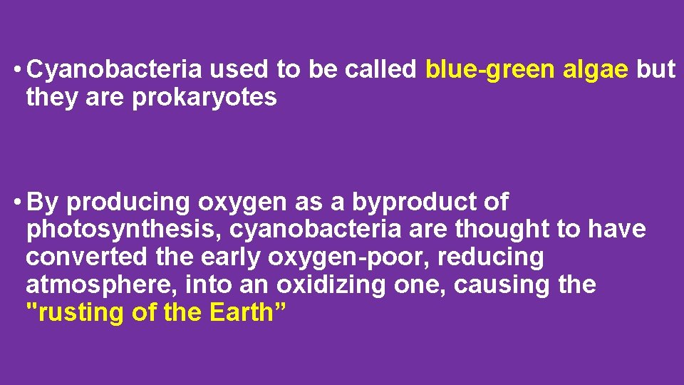  • Cyanobacteria used to be called blue-green algae but they are prokaryotes •