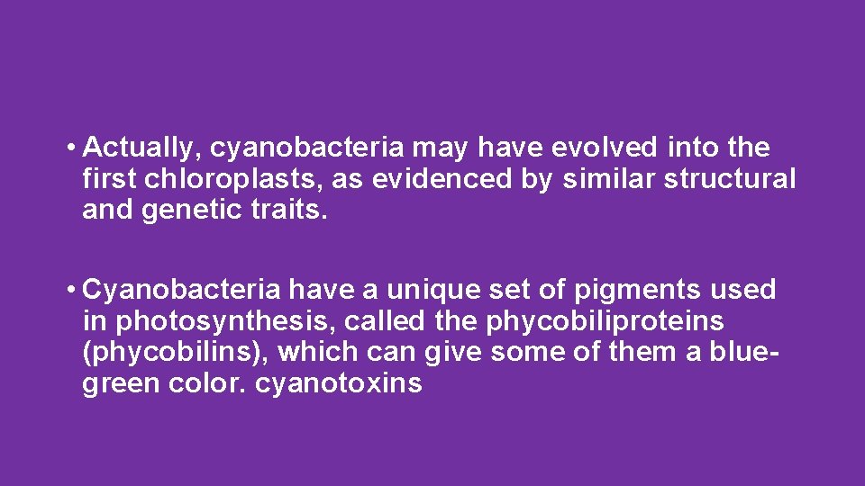  • Actually, cyanobacteria may have evolved into the first chloroplasts, as evidenced by