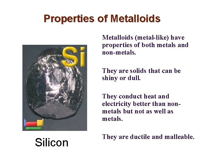 Properties of Metalloids (metal-like) have properties of both metals and non-metals. They are solids