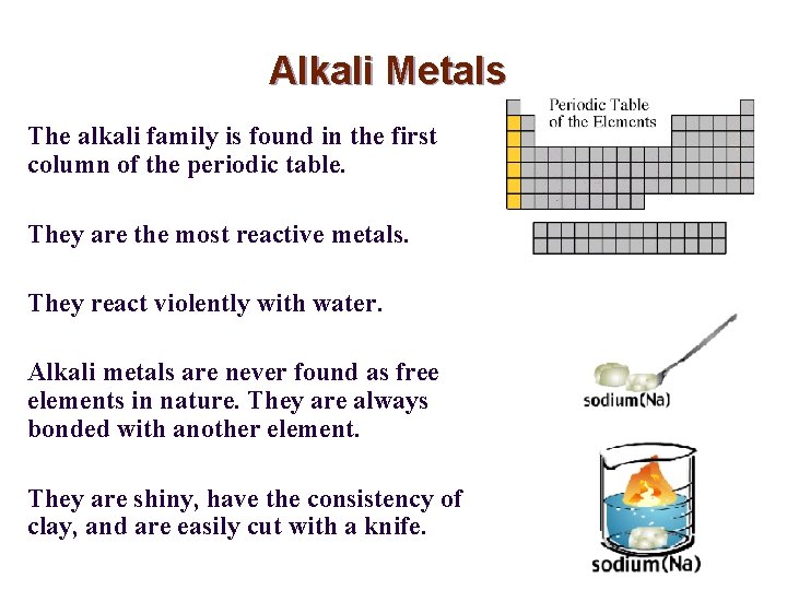 Alkali Metals The alkali family is found in the first column of the periodic