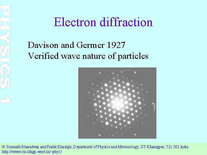 Electron diffraction Davison and Germer 1927 Verified wave nature of particles Ó Somnath Bharadwaj