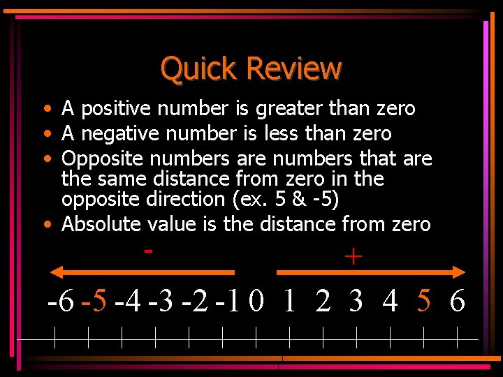Quick Review • A positive number is greater than zero • A negative number