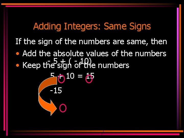 Adding Integers: Same Signs If the sign of the numbers are same, then •