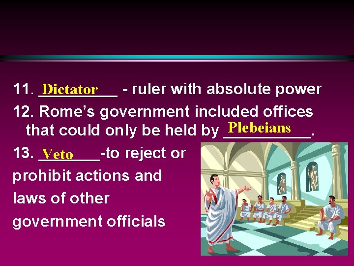 Dictator 11. _____ - ruler with absolute power 12. Rome’s government included offices Plebeians