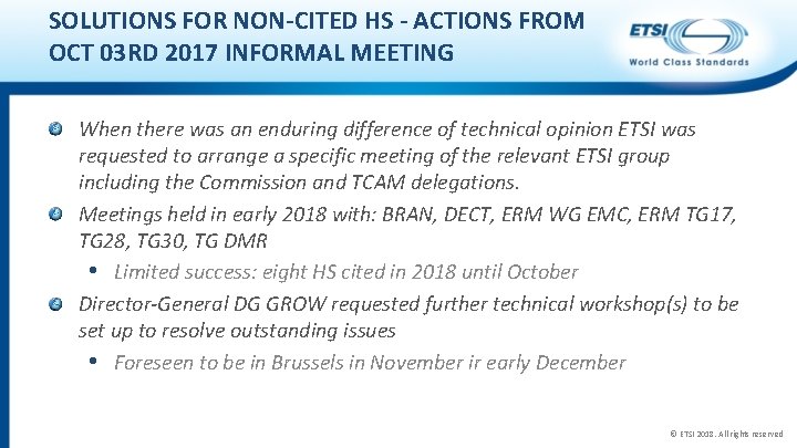 SOLUTIONS FOR NON-CITED HS - ACTIONS FROM OCT 03 RD 2017 INFORMAL MEETING When