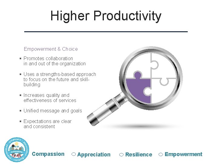 Higher Productivity Empowerment & Choice § Promotes collaboration in and out of the organization