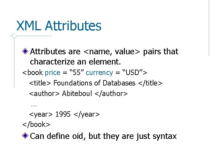 XML Attributes are <name, value> pairs that characterize an element. <book price = “