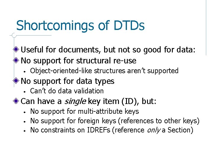 Shortcomings of DTDs Useful for documents, but not so good for data: No support