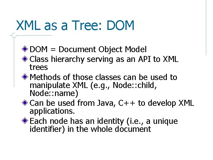 XML as a Tree: DOM = Document Object Model Class hierarchy serving as an