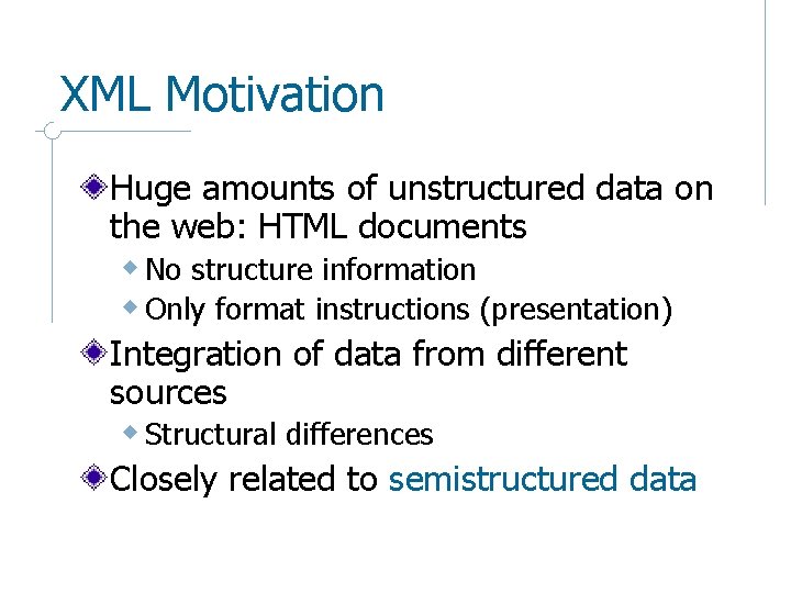 XML Motivation Huge amounts of unstructured data on the web: HTML documents w No